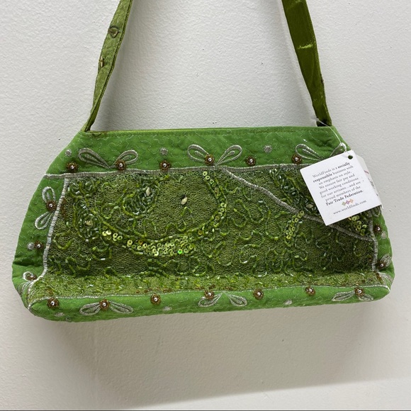 NWT World Finds Green Indian Sari Bowling Handmade Beaded Handbag - Picture 6 of 15